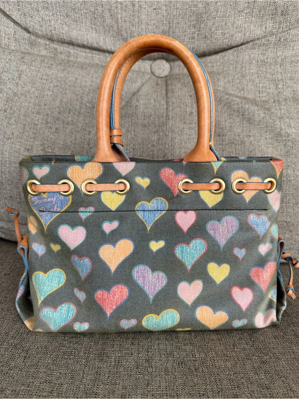 Vintage Dooney & Bourke Multicolor Heart Print Satchel with Tan Leather Handles